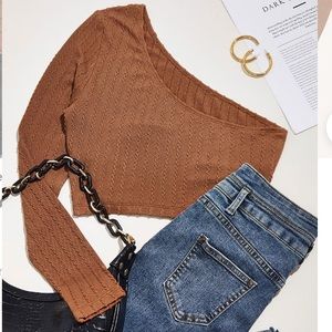 Brown Knitted Crop Top Long Sleeve